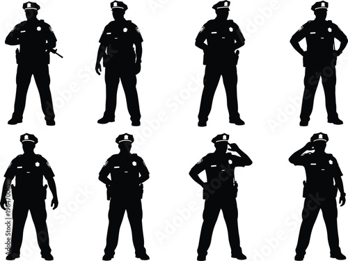 Police officer silhouette set showing standing, saluting, guarding poses, law enforcement uniform, security service, authority, patrol duty, professional protection concept