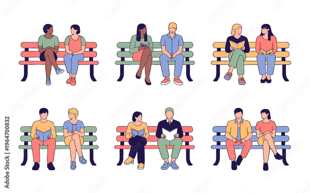 Fototapeta premium Diverse couples reading on park benches.