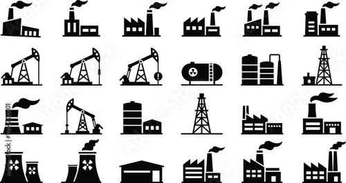 Industrial icon set featuring oil pump jacks power plants nuclear cooling towers factory buildings and petroleum storage tanks for energy production and manufacturing concepts