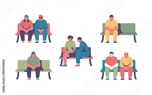 Group of people sitting and resting on a bench.