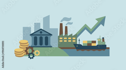 Economic Growth: Industry, Finance, and Global Trade Illustration