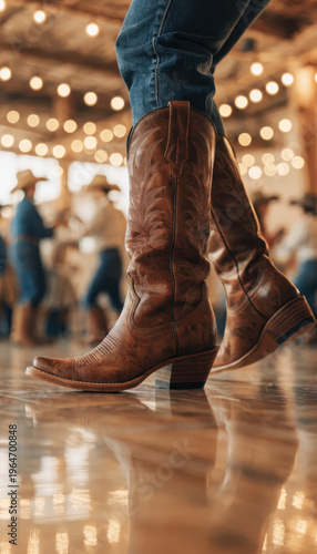 Country line dancing close up of cowboy boots on polished dance floor, western dance hall interior with string lights bokeh, denim jeans movement, rustic barn party atmosphere