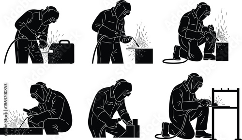 Welder working process sequence silhouettes showing industrial welding, metal fabrication, sparks, protective equipment, skilled labor, manufacturing, construction, workshop safety procedures