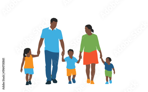 Family portrait of five people happily holding hands and walking together.