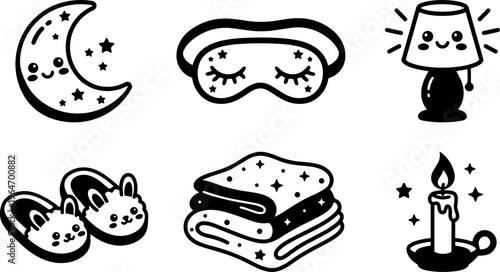Cute kawaii moon sleep mask lamp slippers blanket candle icons black and white