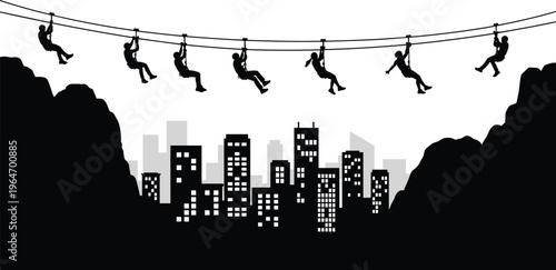 Zipline adventure silhouettes over city skyline showing people sliding on cable, urban extreme sport, outdoor activity, thrill ride, tourism, recreation concept