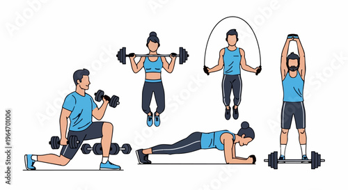 Diverse Fitness Activities - Weightlifting, Jumping Rope, Plank, and Lunges.