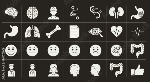 Medical Icons Set: Brain, Lungs, Heart, Stomach, Bones, Eyes, People, Emotions