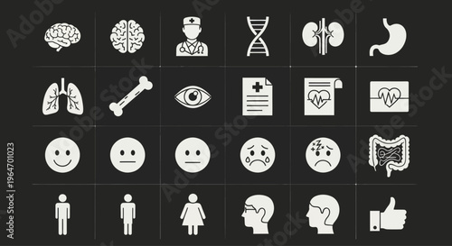 Medical Icons Set: Brain, Lungs, Kidneys, DNA, Doctor, Anatomy, Health Symbols