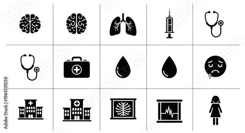 Medical Icons Set: Brain, Lungs, Syringe, Stethoscope, First Aid, Blood Drop, Hospital, X-ray