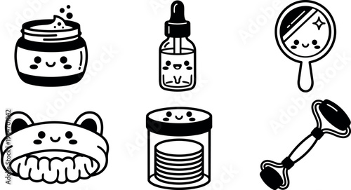 Black and white kawaii style skincare icons with smiling faces
