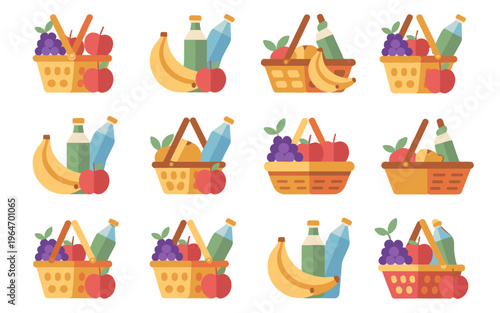 A collection of stylized picnic baskets featuring various fruits and drinks.