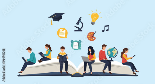 Students Learning Together on a Giant Open Book with Educational Icons Floating Above.