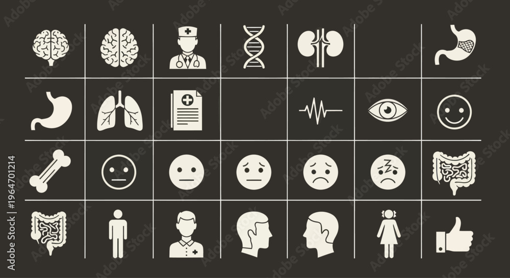 Fototapeta premium Medical Icons Set: Health, Anatomy, Diagnosis, and Emotions