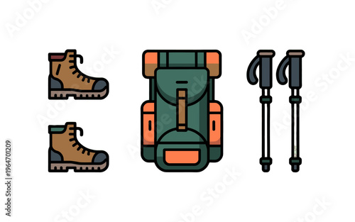 Hiking gear essentials: Boots, backpack, and trekking poles for outdoor adventures.