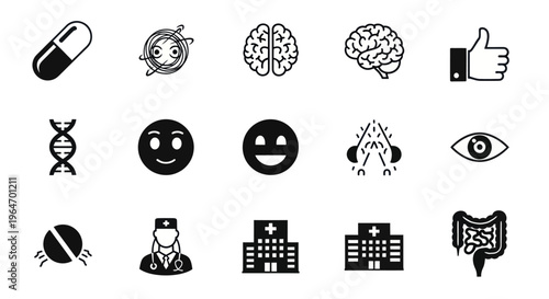 Medical Icons: Brain, DNA, Eye, Hospital, Doctor, Pill, Emoticons, Thumb Up