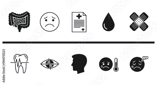 Medical Icons Set: Health Problems and Treatments, Illness and Care