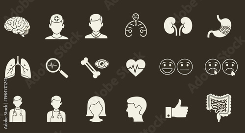 Medical Icons: Brain, Lungs, Kidneys, Stomach, Heart, Doctors, Patients, Emotions