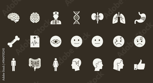 Medical Icons: Brain, Doctor, DNA, Organs, Emotions, Health Check