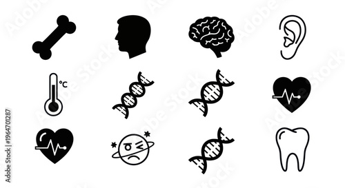 Medical Icons: DNA, Brain, Heartbeat, Bone, Tooth, Ear, Thermometer