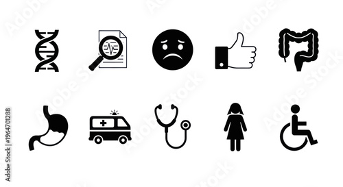 Medical Icons: DNA, Diagnosis, Emotion, Health, Organ, Ambulance, Stethoscope, People