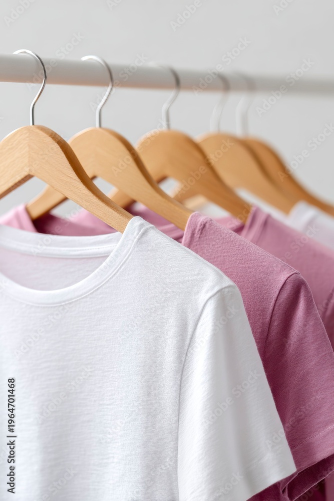 Obraz premium a row of white and pink tshirts on wooden hangers