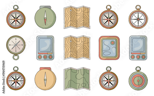 Navigation tools like compasses and maps arranged in an appealing pattern.