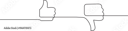 Continuous line art of thumbs up and thumbs down symbols for feedback