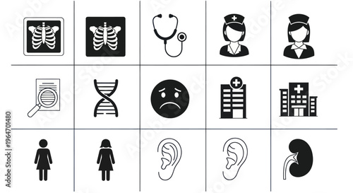 Medical Icons: Healthcare, Hospital, DNA, X-ray, Nurse, Doctor, Patient, Ear, Kidney
