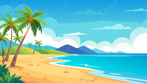 Tropical beach scene with palm trees and a distant island under a bright sky Vector
