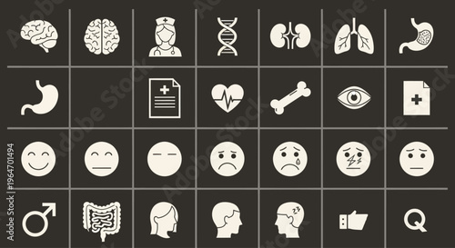 Medical and Health Icons Set: Brain, DNA, Organs, Emotions, Symbols