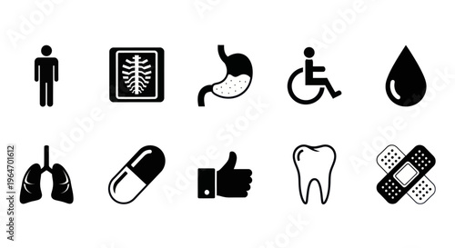 Medical Health Care Icons Set: Body Organs, X-ray, Pill, Bandage, Tooth, Droplet