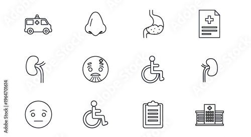 Medical Icons Set: Ambulance, Nose, Stomach, Kidney, Face, Wheelchair, Hospital