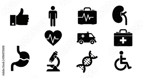 Medical Health Care Icons Set: Heart, DNA, Ambulance, Doctor Bag, Kidney