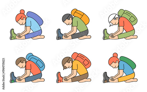 Six diverse hikers are stretching and preparing for their adventure.