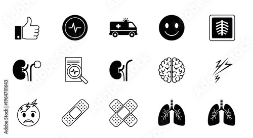Medical Health Care Icons: Heartbeat, Ambulance, Brain, Lungs, Kidneys, X-ray