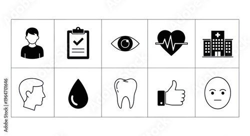 Medical Health Care Icons Set - Diagnosis, Vision, Heart, Hospital, Tooth