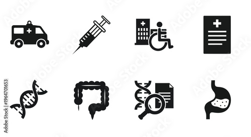 Medical Icons Set: Ambulance, Syringe, Hospital, DNA, Stomach, Research