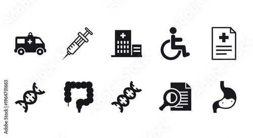 Medical Icons Set: Ambulance, Syringe, Hospital, Wheelchair, DNA, Stomach, Health