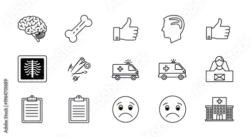 Medical Icons Set: Brain, Bone, X-ray, Ambulance, Hospital, Clipboard