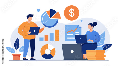 Professional discussing financial investment strategies with a laptop and charts Vector