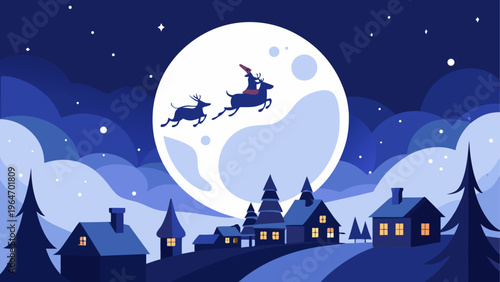 Santa and reindeer flying under a full moon over a snowy village Vector