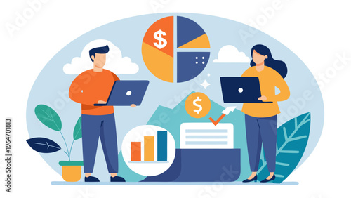 Team collaborating on financial planning with laptops and documents Vector