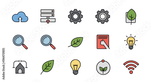 Eco Technology Icons: Cloud, Server, Gears, Leaf, Magnifying Glass, Lightbulb, Wi-Fi