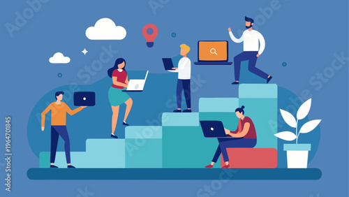 Diverse professionals collaborating on a multi-level digital workspace platform Vector