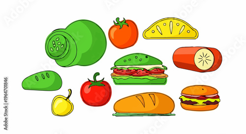 Colorful Cartoon Food Illustrations - Tomatoes, Bread, and Sandwiches.