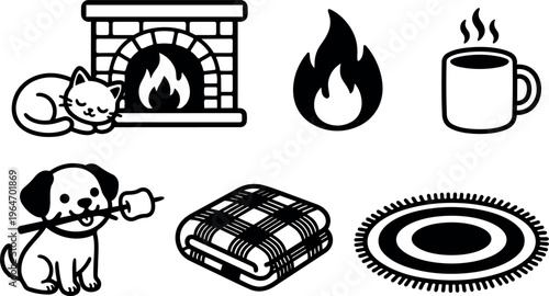 Cozy fireplace cat dog with marshmallow hot coffee blanket and rug icons black and white line art