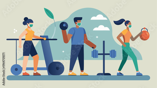 Diverse group of people engaging in outdoor fitness activities together Vector