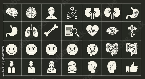 Medical Health Icons Set: Brain, Kidneys, Lungs, Stomach, Heart, Eye, Face Emotions