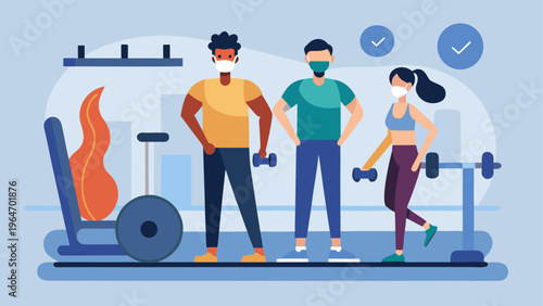 A group of people exercising together in a modern gym setting with equipment Vector